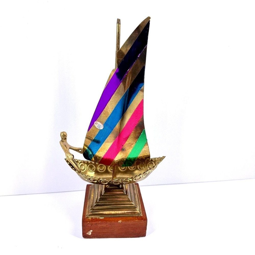 Vintage Metal Sailboat Sculpture Multicolor Sails Wood Base Nautical Decor